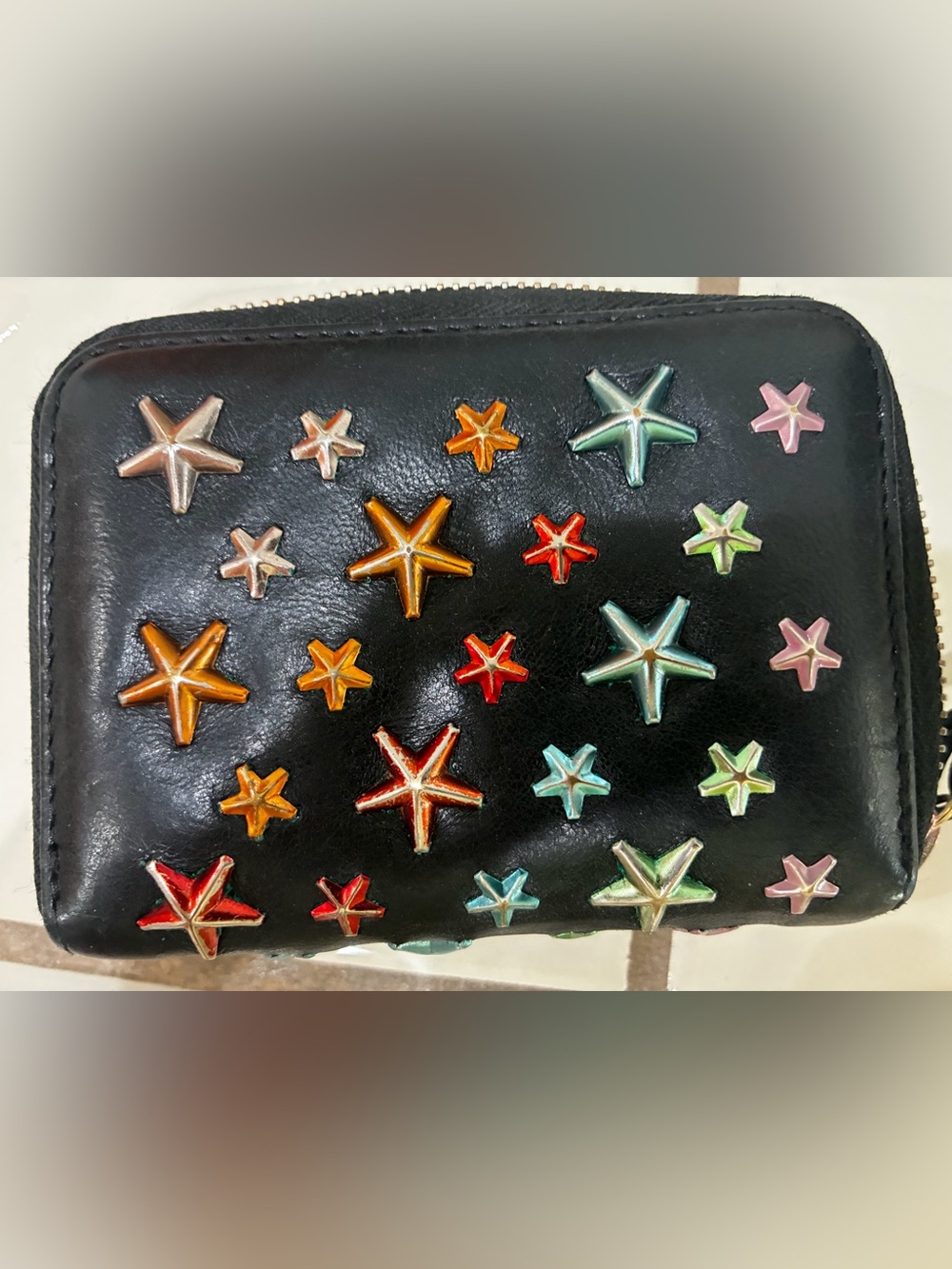 Authentic Jimmy Choo Black Leather Card Holder with Multicolor Star Studs